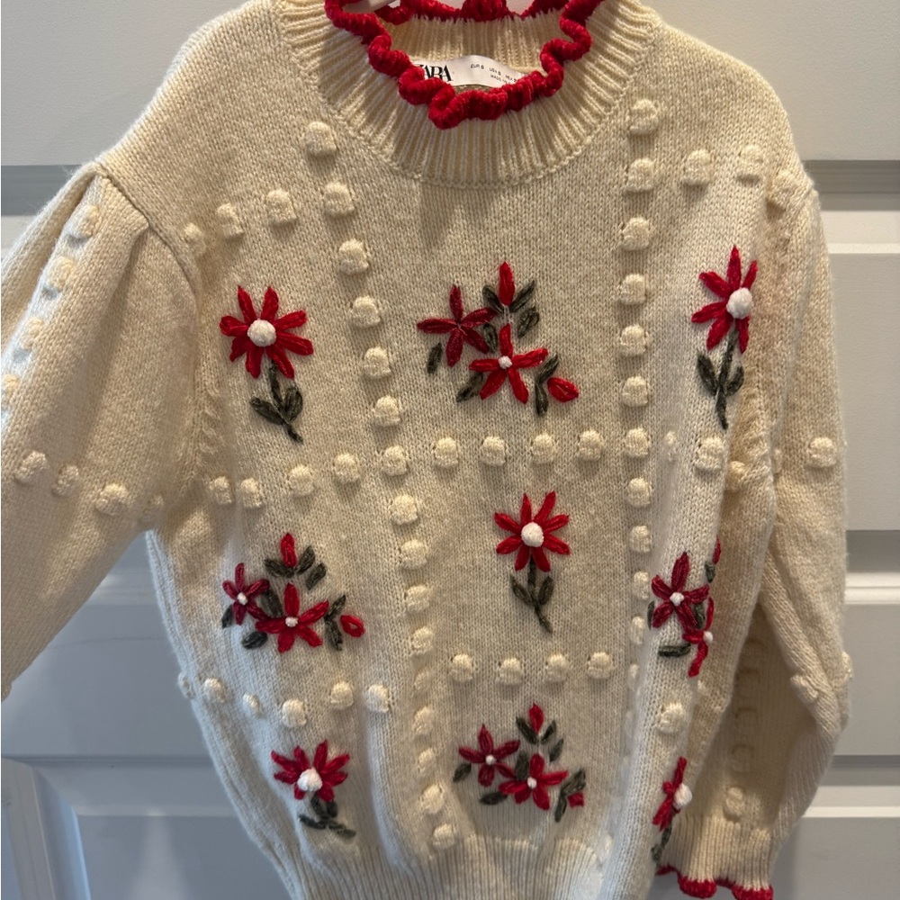Zara Cream Sweater with Red Floral Embroidery